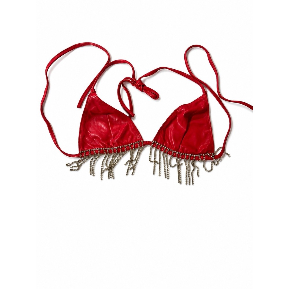 12th Tribe Red Faux Leather Rhinestone Fringe Triangle Bralette Tie Top Size S
